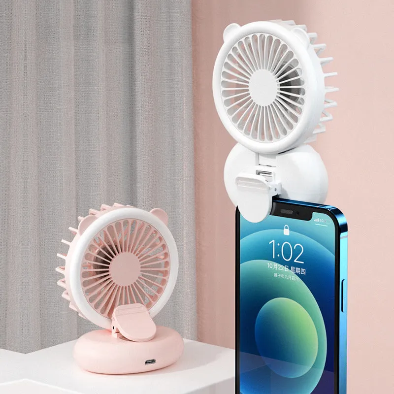 Mini fan hanging neck handheld pocket charging cartoon seven-leaf clip fill light