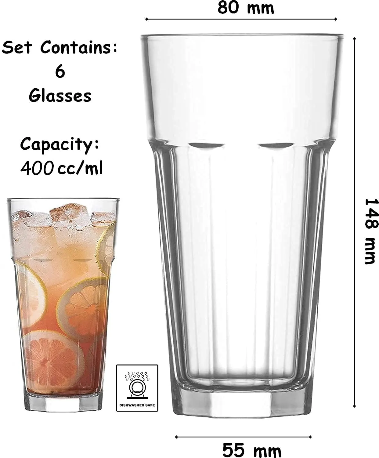 MULTI ZONE 400 ML Water Glass Tumbler Highball Glasses Clear Iced Tea and Glasses for Drinking Cocktail, Juice, Milkshake, Coke, Soda, Dishwasher Safe Pack of 6