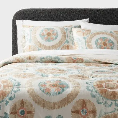 New - Threshold Comforter Set Cotton Sateen Boho, Ivory/Light Teal Blue, Full/Queen