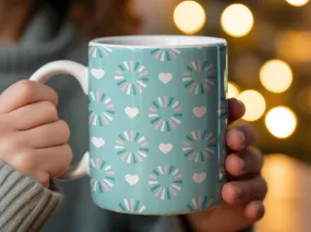 Patterned Mug with Abstract Hearts and Circles, Turquoise and Pink Coffee Cup, Unique Artistic Drinkware, Office Mug Gift