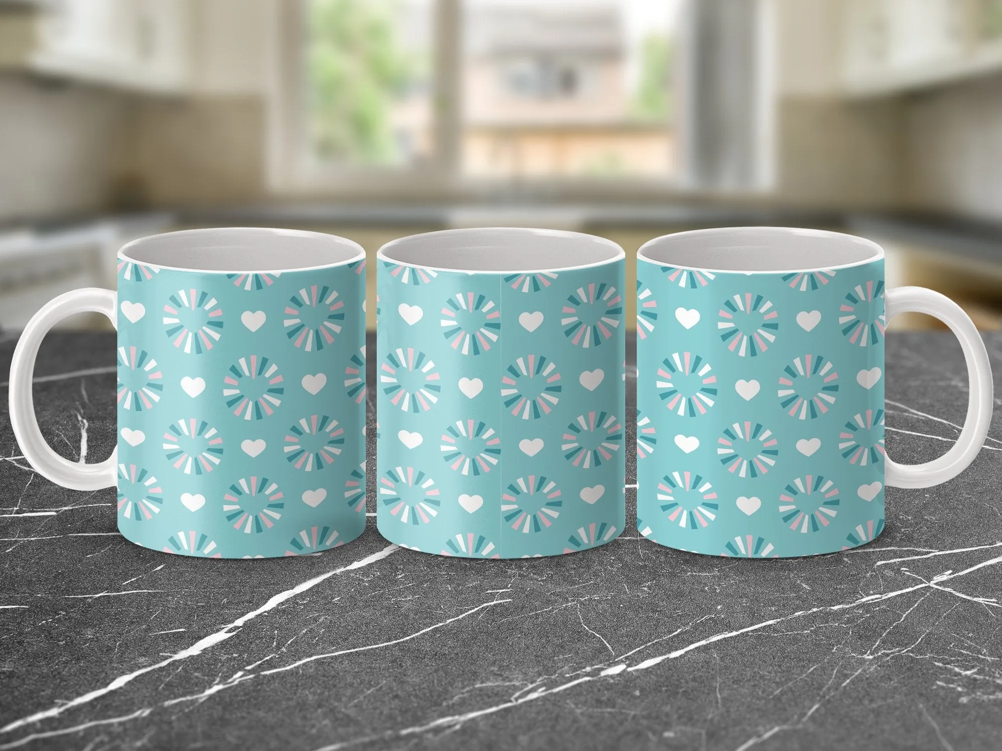 Patterned Mug with Abstract Hearts and Circles, Turquoise and Pink Coffee Cup, Unique Artistic Drinkware, Office Mug Gift