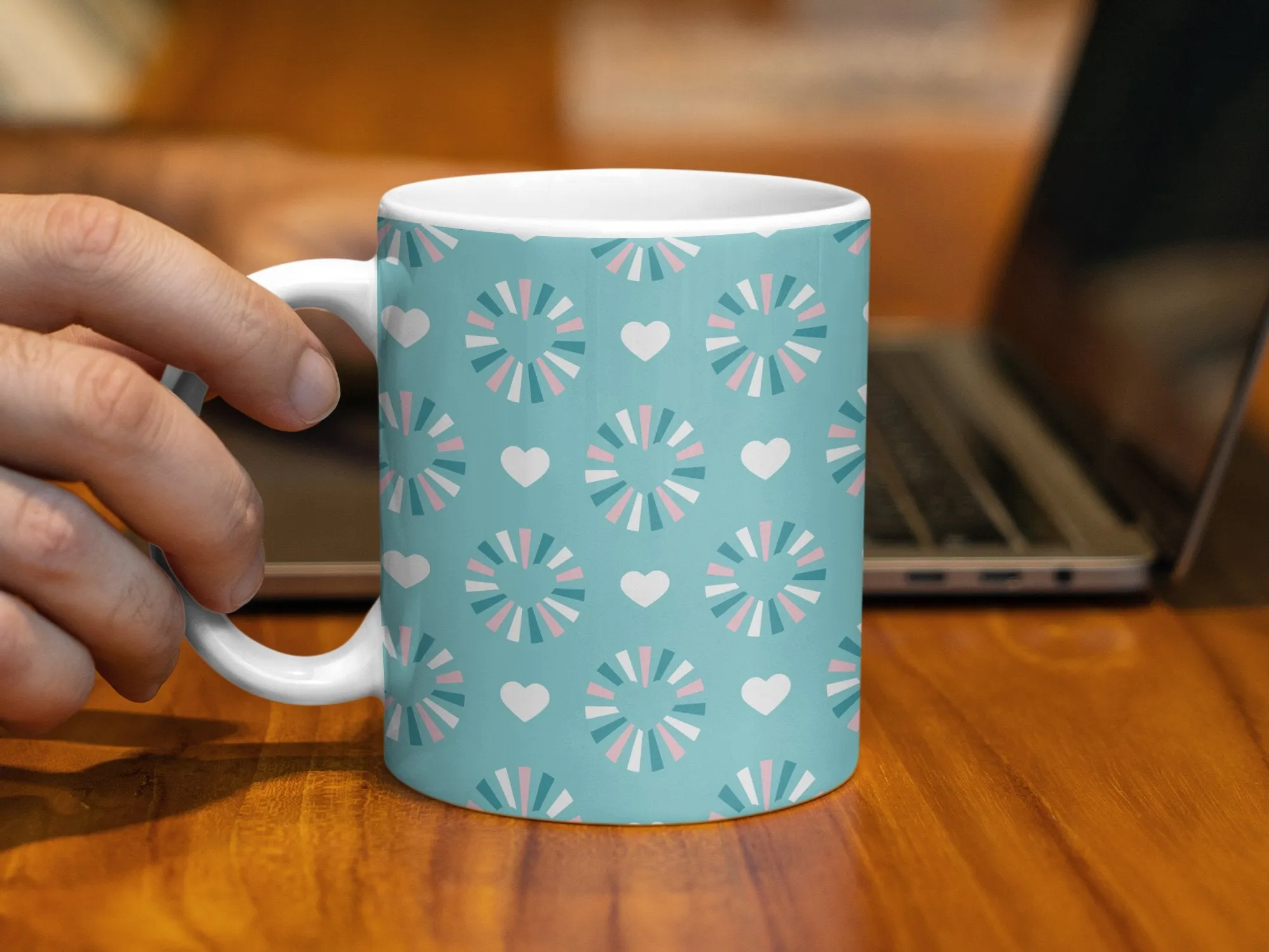 Patterned Mug with Abstract Hearts and Circles, Turquoise and Pink Coffee Cup, Unique Artistic Drinkware, Office Mug Gift