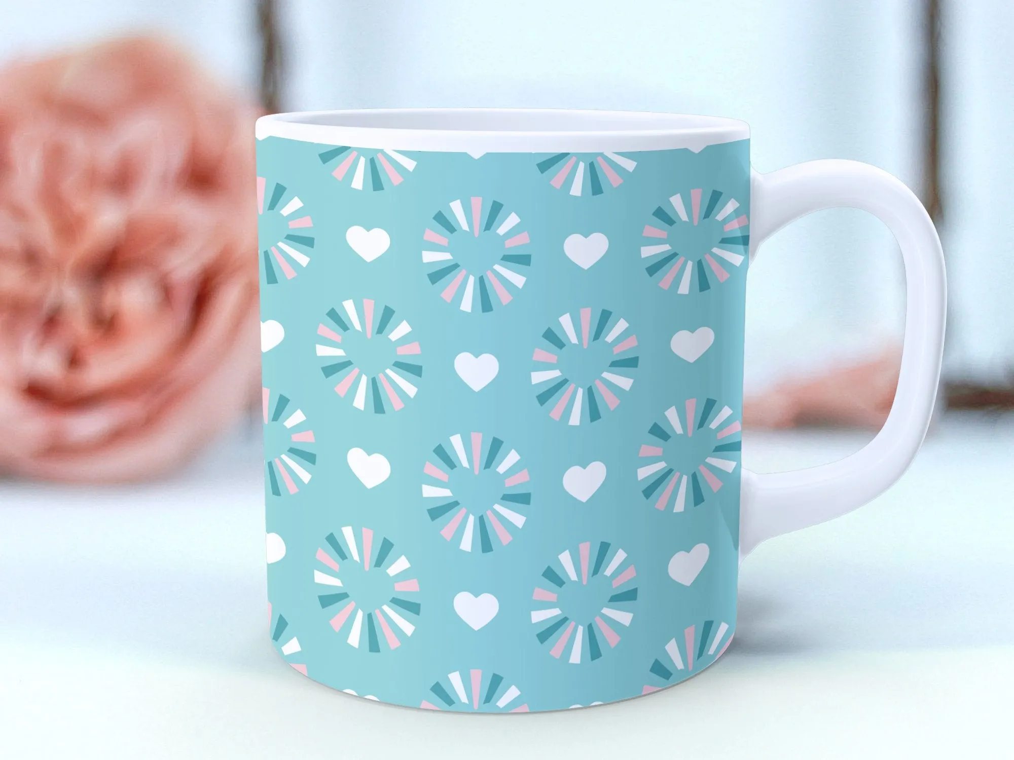 Patterned Mug with Abstract Hearts and Circles, Turquoise and Pink Coffee Cup, Unique Artistic Drinkware, Office Mug Gift