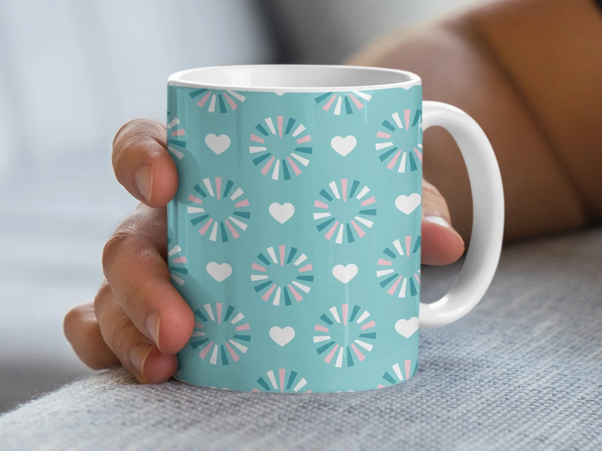 Patterned Mug with Abstract Hearts and Circles, Turquoise and Pink Coffee Cup, Unique Artistic Drinkware, Office Mug Gift