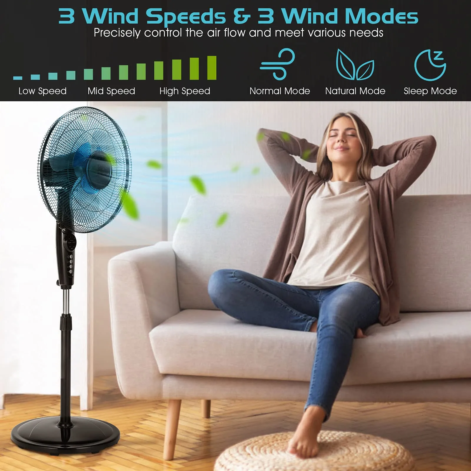 Pedestal Fan, 18 Inches Oscillating Standing Fan with Remote Control & 3 Speeds