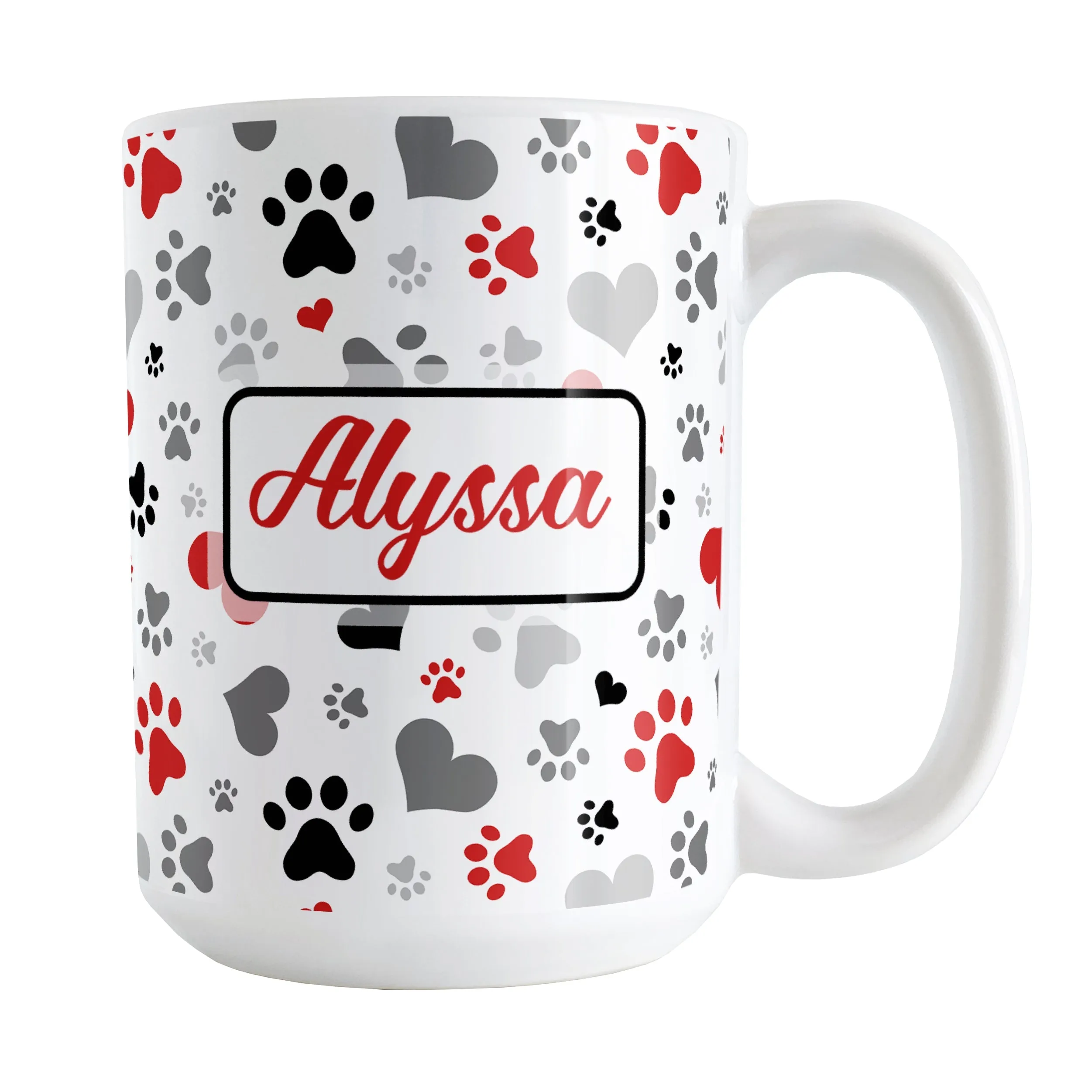 Personalized Black and Red Hearts and Paw Prints Mug