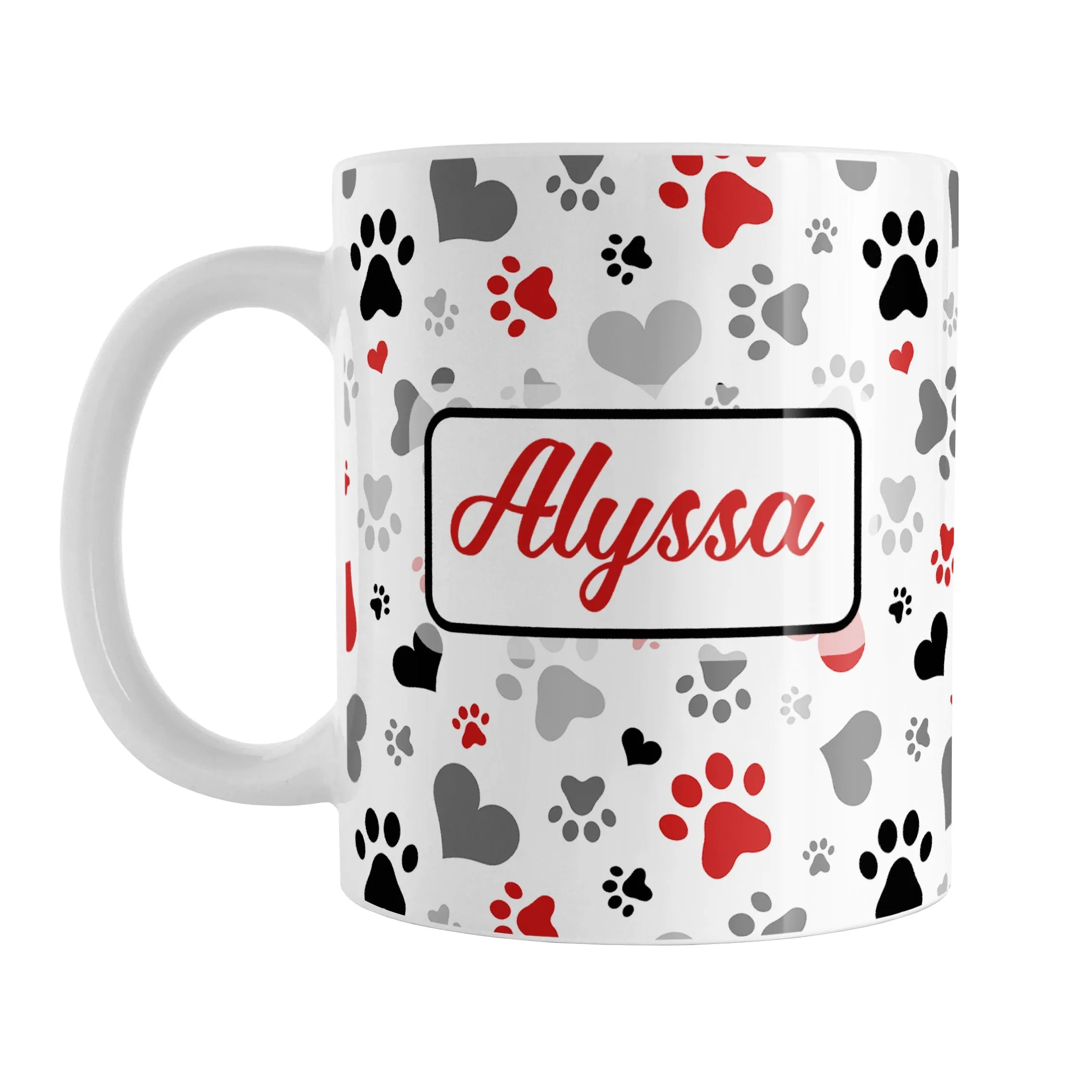 Personalized Black and Red Hearts and Paw Prints Mug