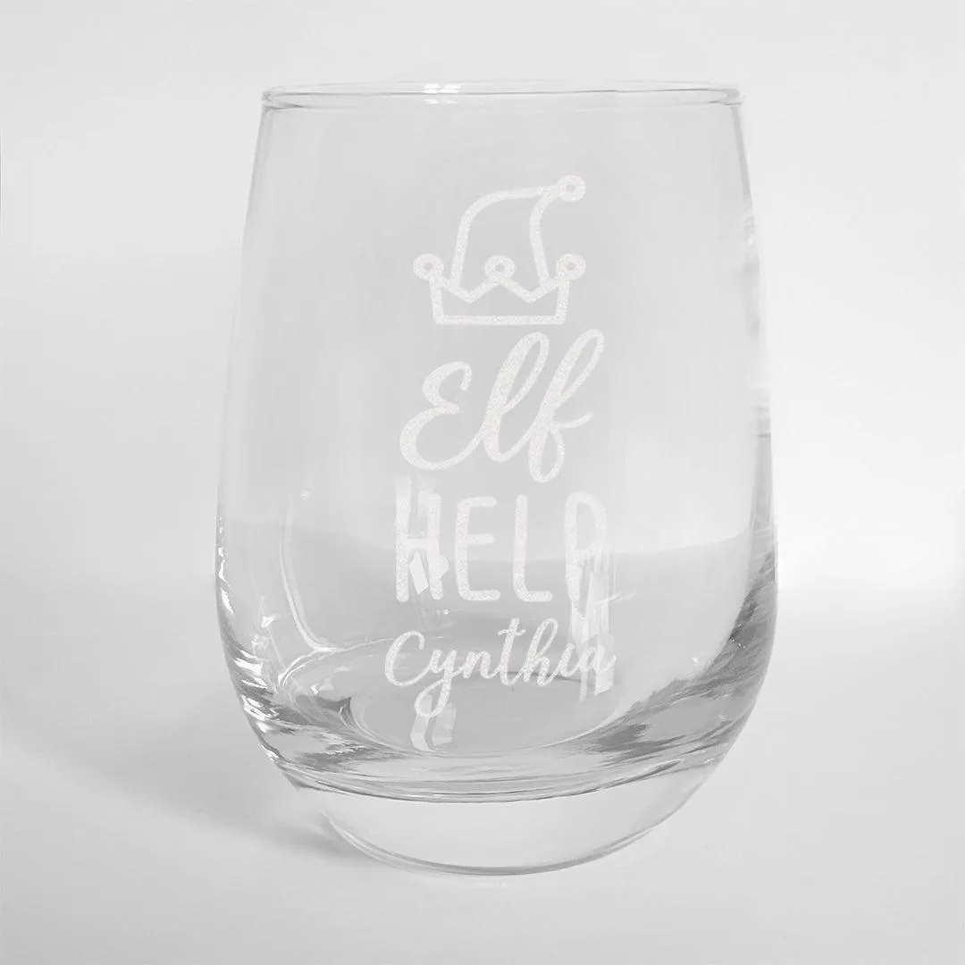 Personalized Elf Help Wine Glass