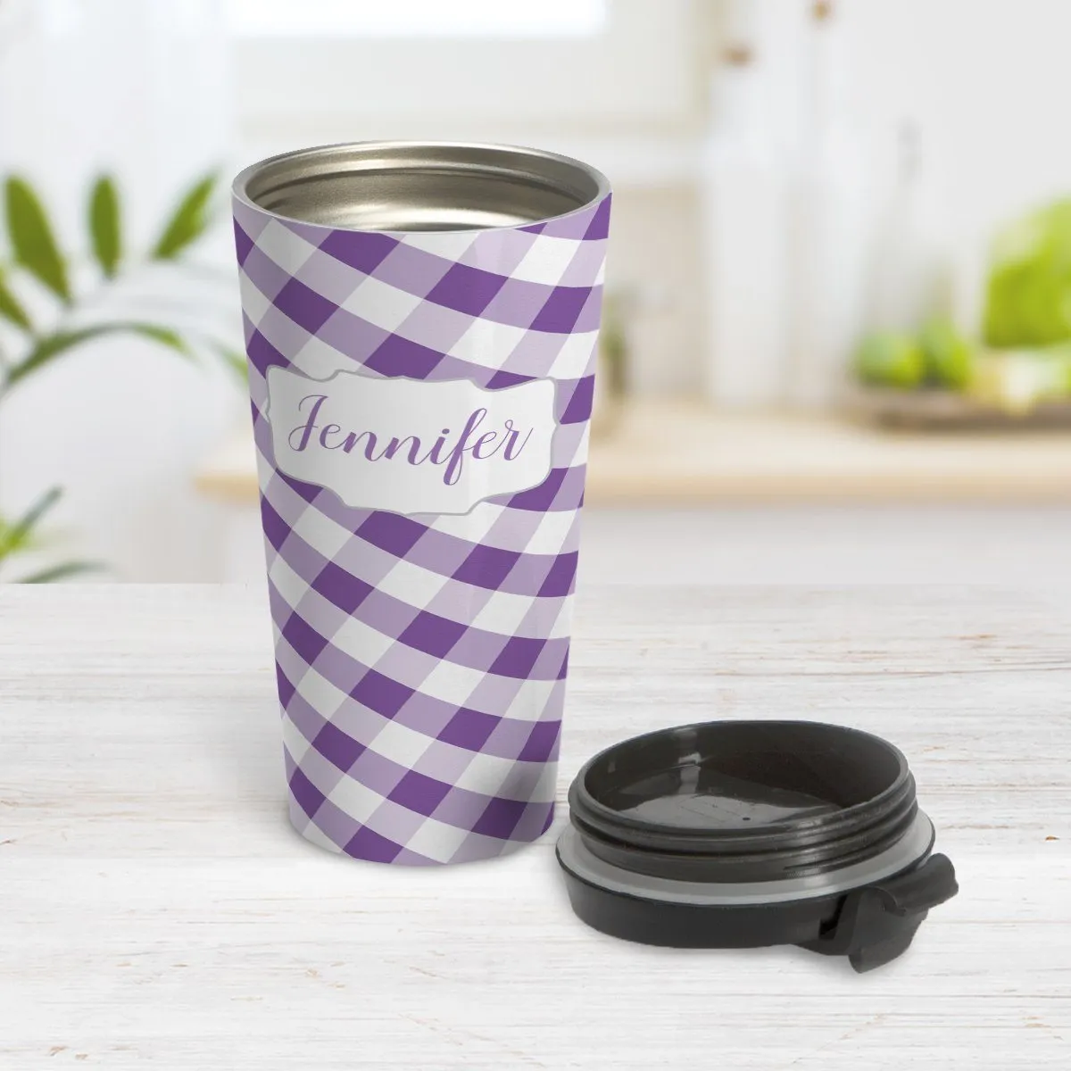 Personalized Purple Gingham Travel Mug