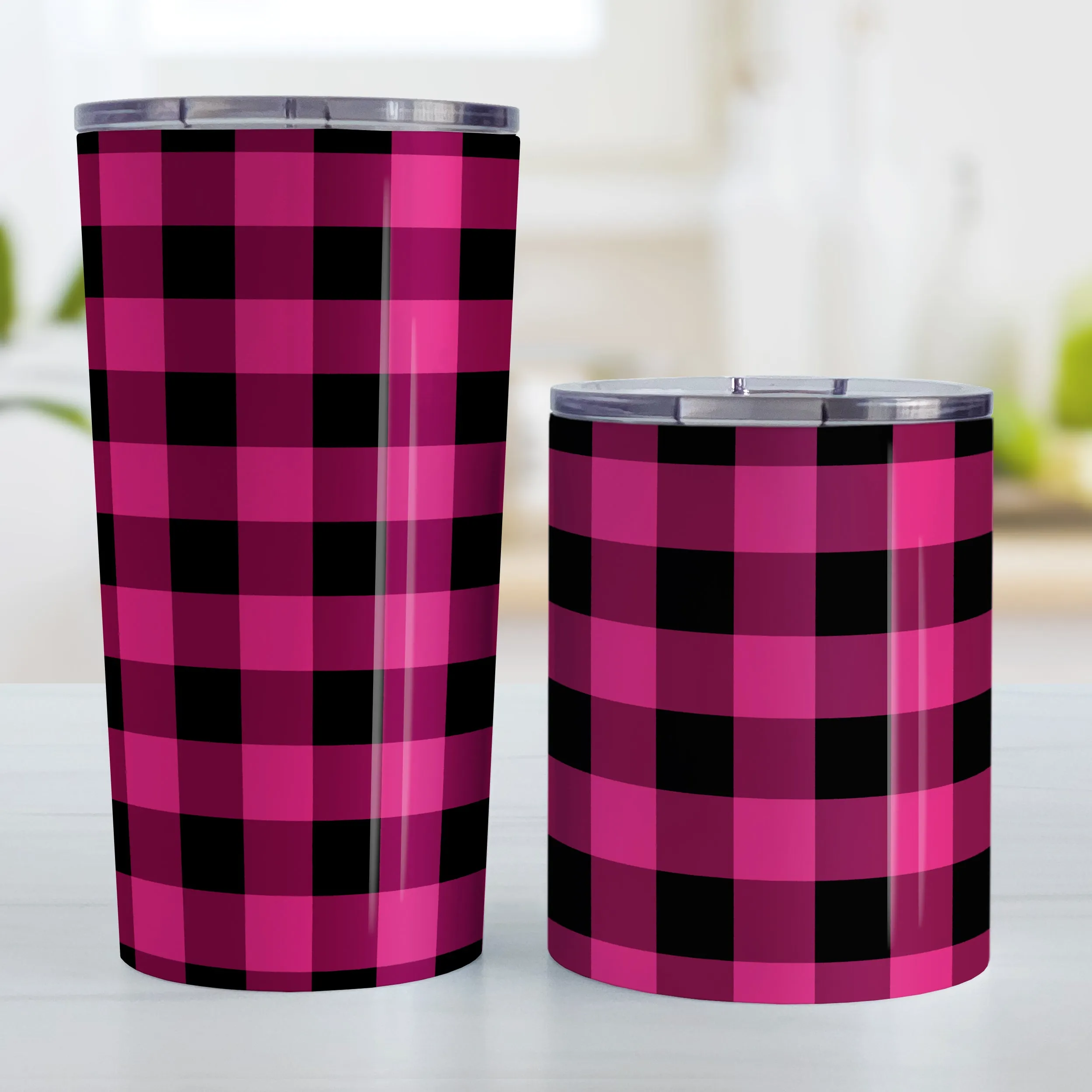 Pink and Black Buffalo Plaid Tumbler Cup