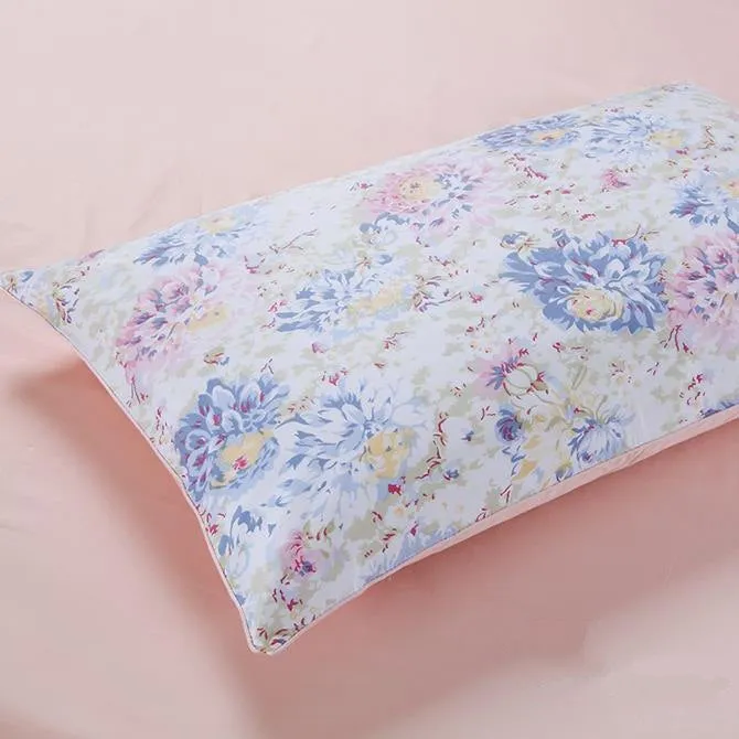 Pink Blue Rose Print Graceful Luxury 4-Piece Cotton Duvet Cover Sets