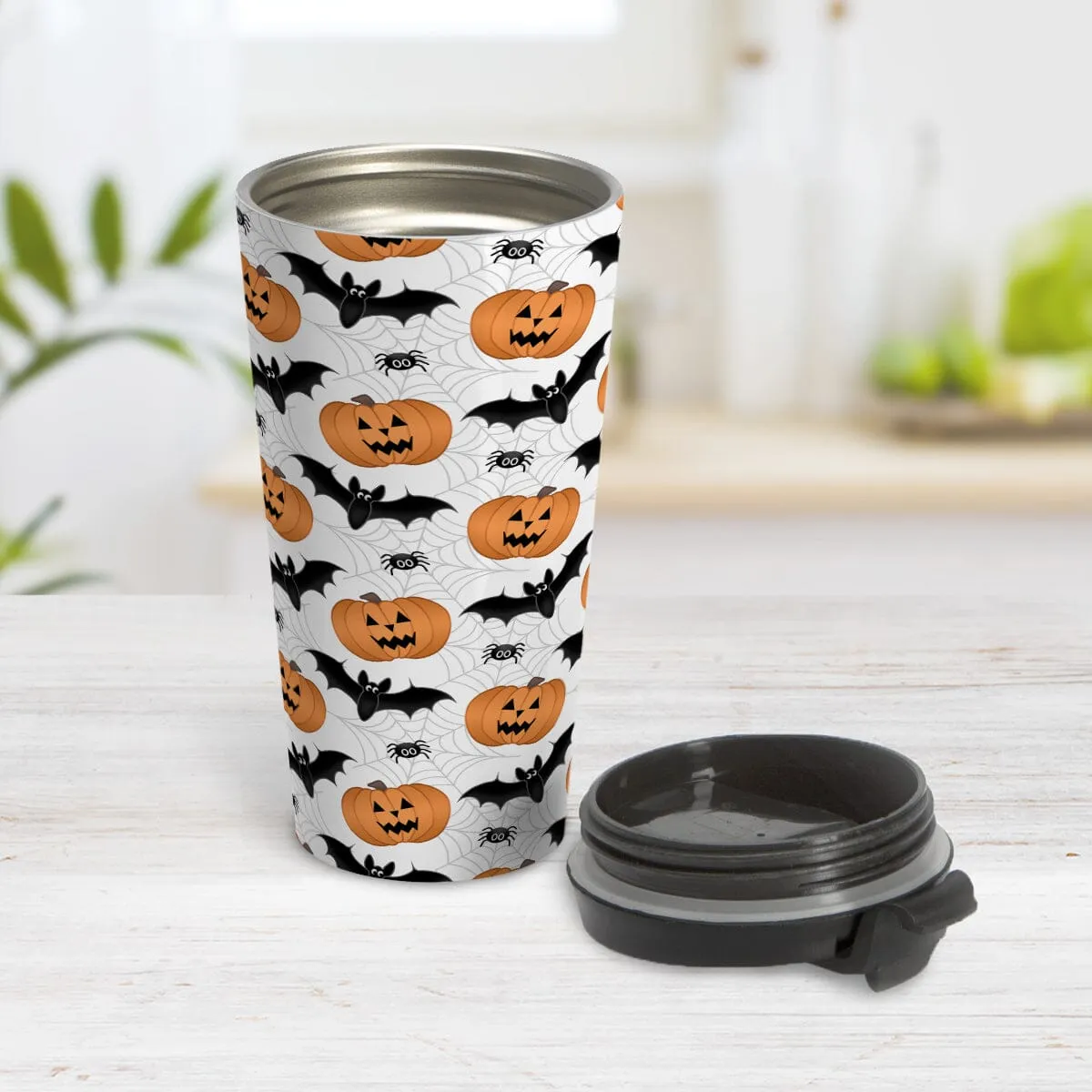 Pumpkins Bats and Spiders Halloween Travel Mug