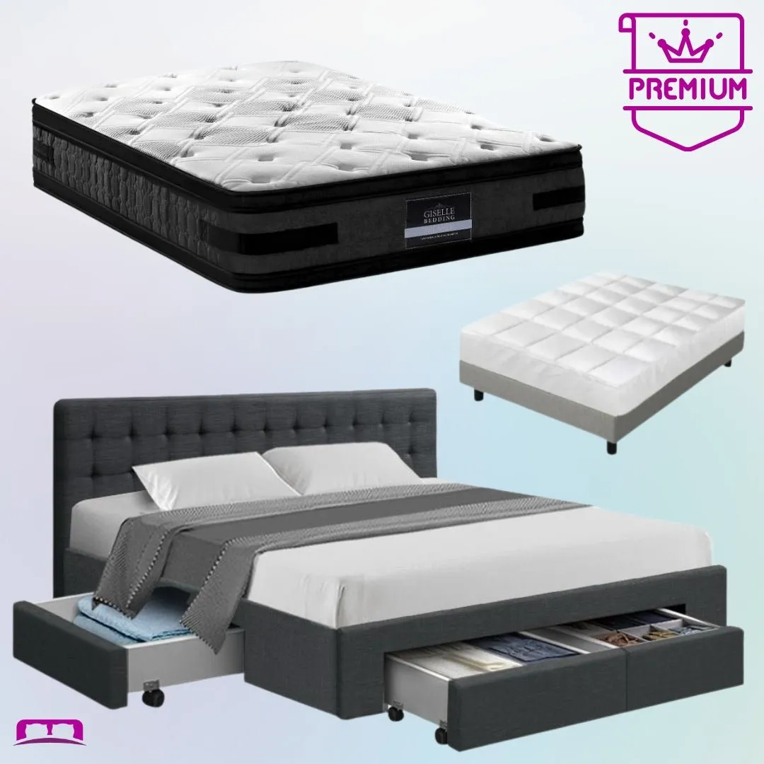 Queen Premium Package | Trinity Queen Bed Frame with Storage Charcoal, Luna Series Euro Top Mattress (Medium Firm) & Bamboo Mattress Topper!