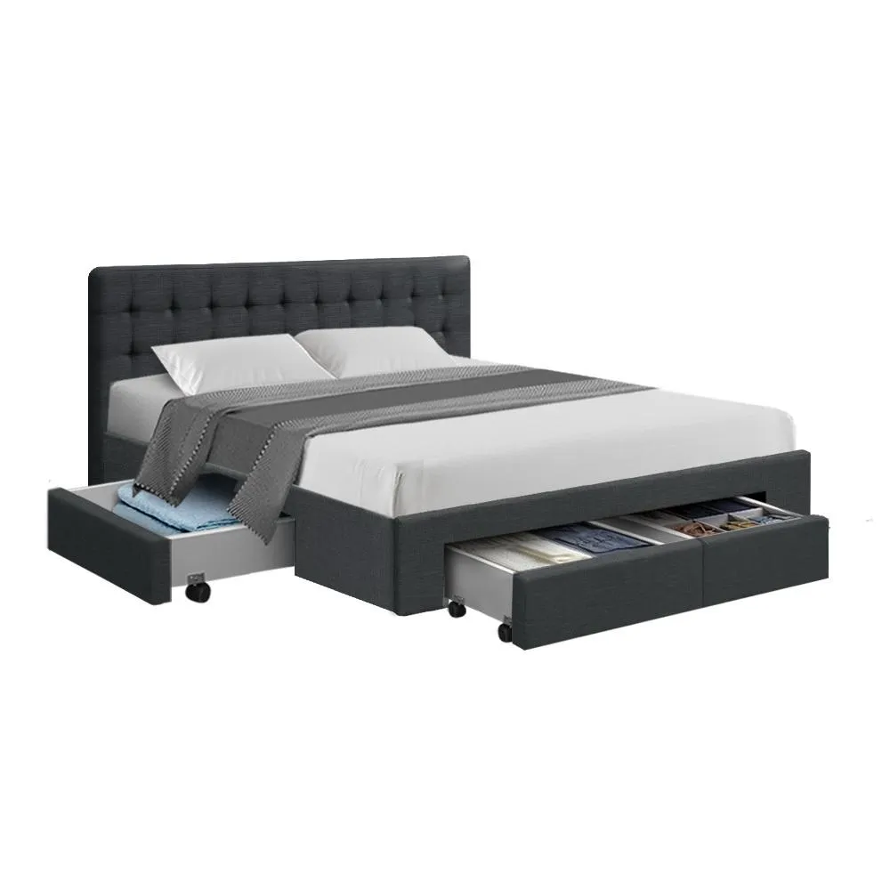 Queen Premium Package | Trinity Queen Bed Frame with Storage Charcoal, Luna Series Euro Top Mattress (Medium Firm) & Bamboo Mattress Topper!