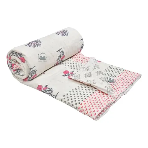 SIBLEY Hand Block Print Quilts Pure Cotton Lightweight Reversible (Double Bed, Pink Floral)