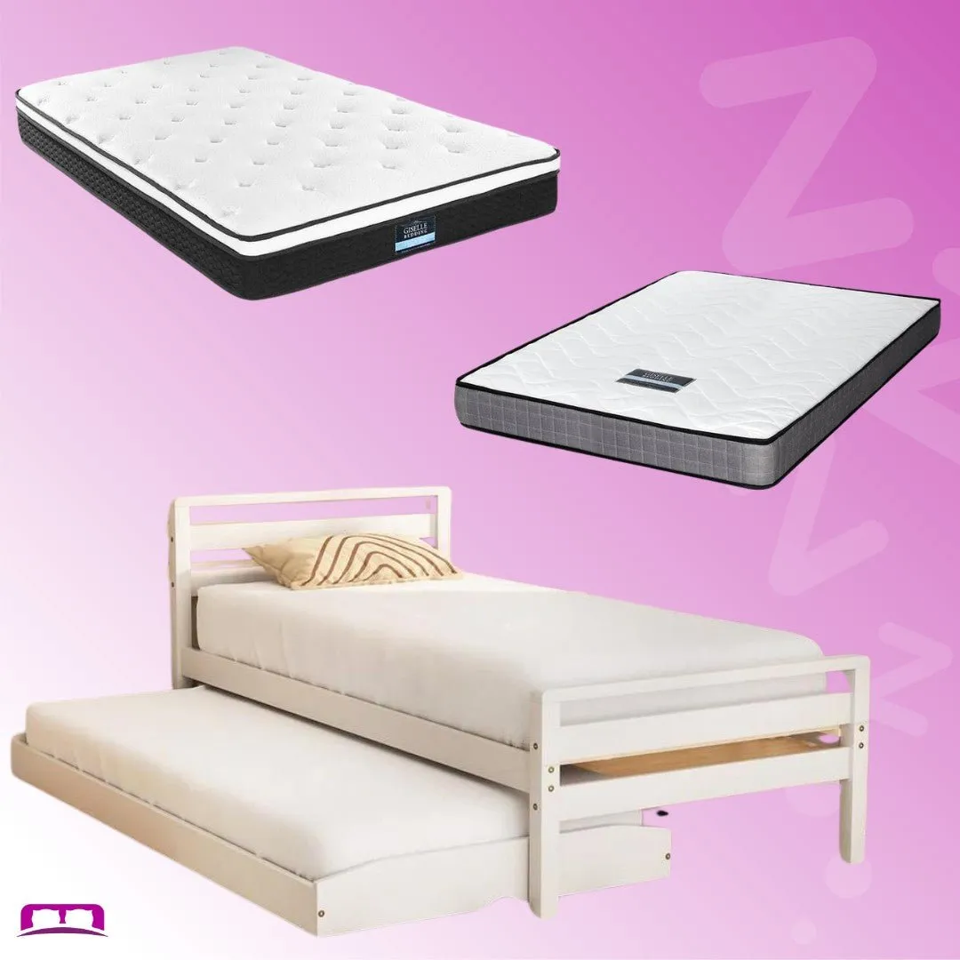 Single Package | Avis Wooden Trundle Bed Frame White, Bonita Pillow Top Mattress (Medium Firm) & Alessio Series Trundle Mattress (Medium Firm)