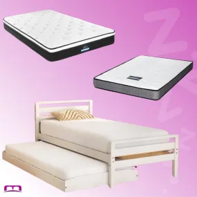 Single Package | Avis Wooden Trundle Bed Frame White, Bonita Pillow Top Mattress (Medium Firm) & Alessio Series Trundle Mattress (Medium Firm)