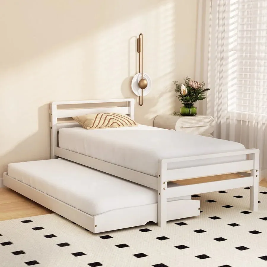 Single Package | Avis Wooden Trundle Bed Frame White, Bonita Pillow Top Mattress (Medium Firm) & Alessio Series Trundle Mattress (Medium Firm)