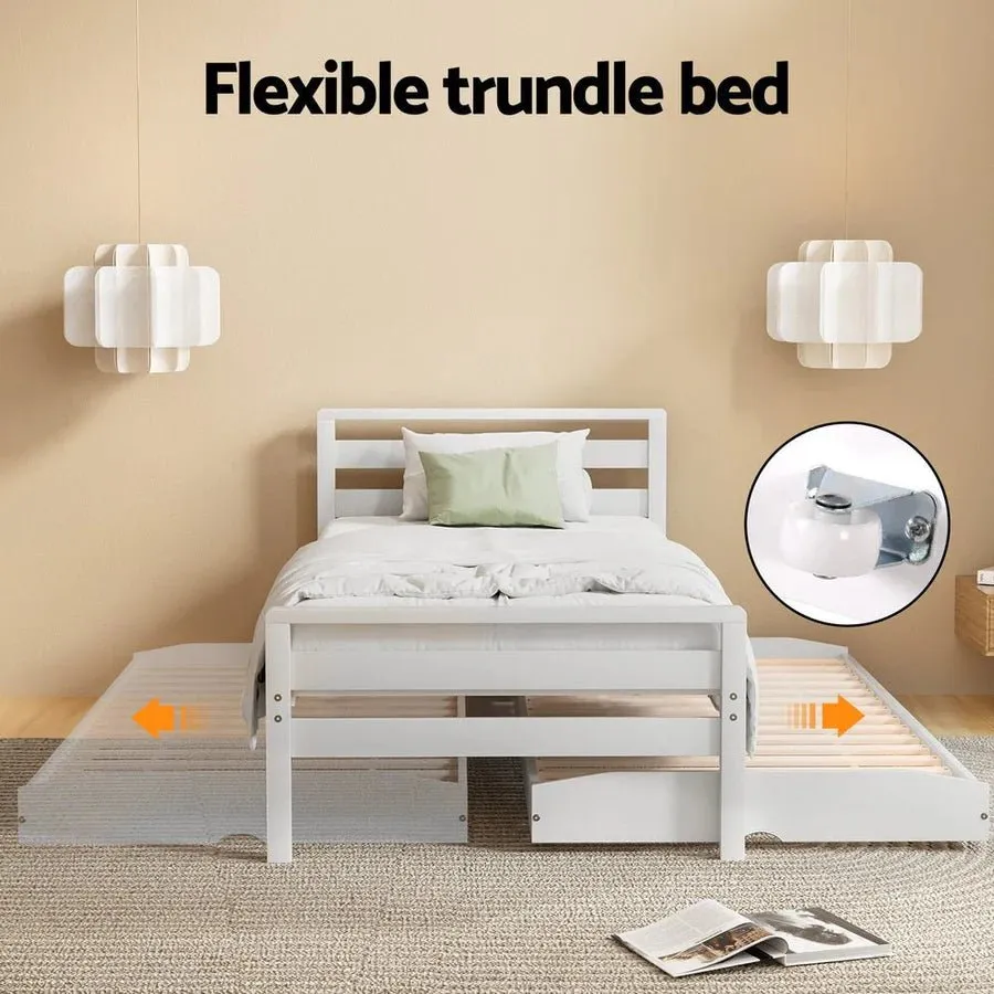 Single Package | Avis Wooden Trundle Bed Frame White, Bonita Pillow Top Mattress (Medium Firm) & Alessio Series Trundle Mattress (Medium Firm)