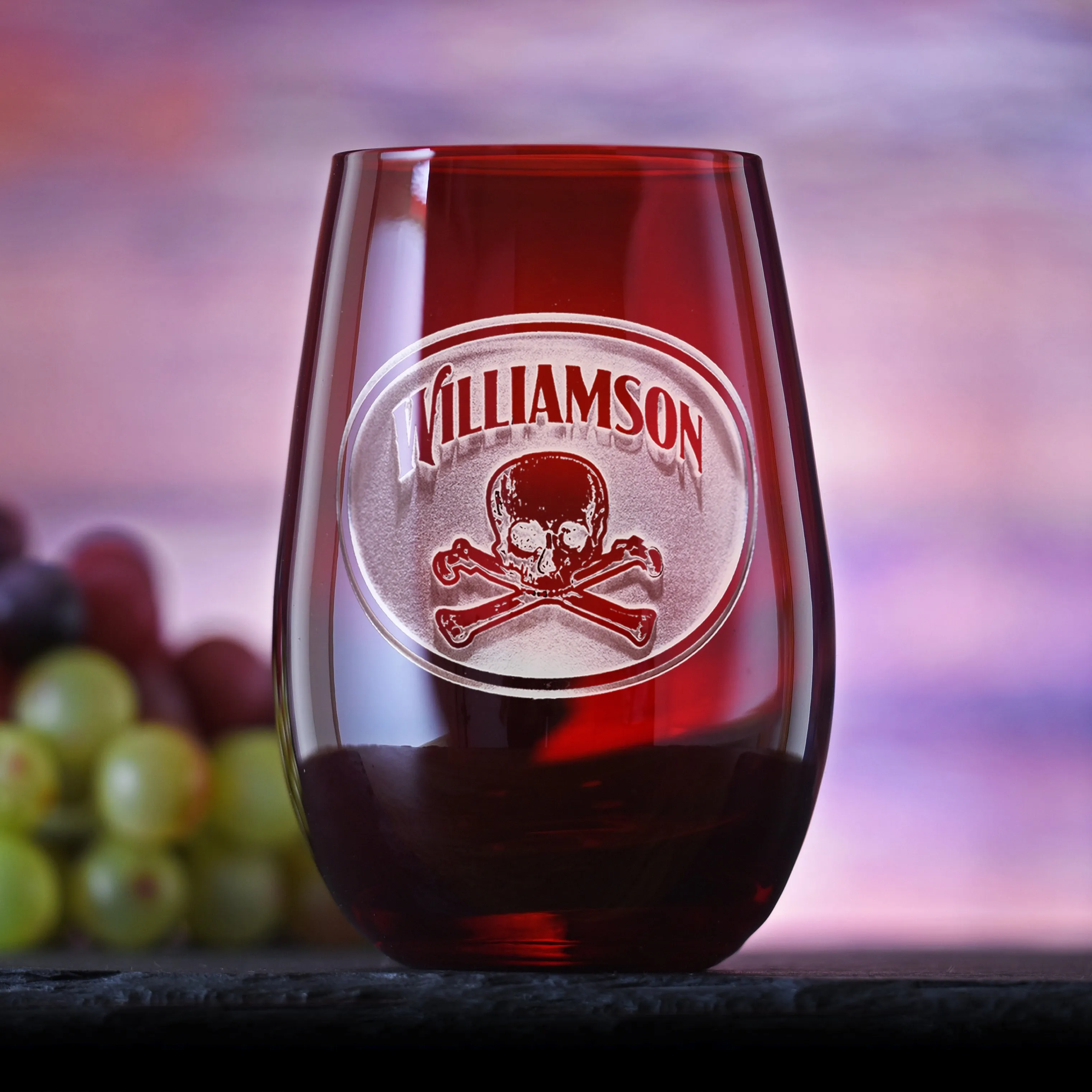 Skull and Bones Engraved Red Stemless Wine Glass Tumbler | Crystal Imagery