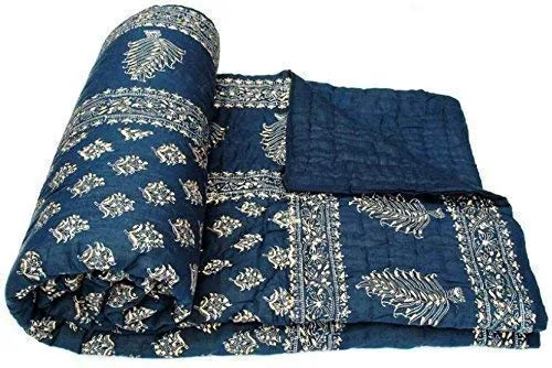 Slickcomfort Pure Cotton Jaipuri Razai Traditional Sanganeri Print Light Weight Razai AC/Winter Quilt/Razai (Blue Dai Gold, Double Bed)