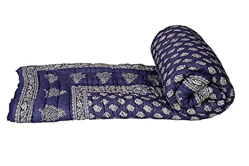 Slickcomfort Pure Cotton Jaipuri Razai Traditional Sanganeri Print Light Weight Razai AC/Winter Quilt/Razai (Blue Dai Gold, Double Bed)