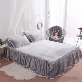 Solid Grey with Decorative Fuzzy Ball Faux Rabbit Fur Luxury 4-Piece Fluffy Bedding Sets