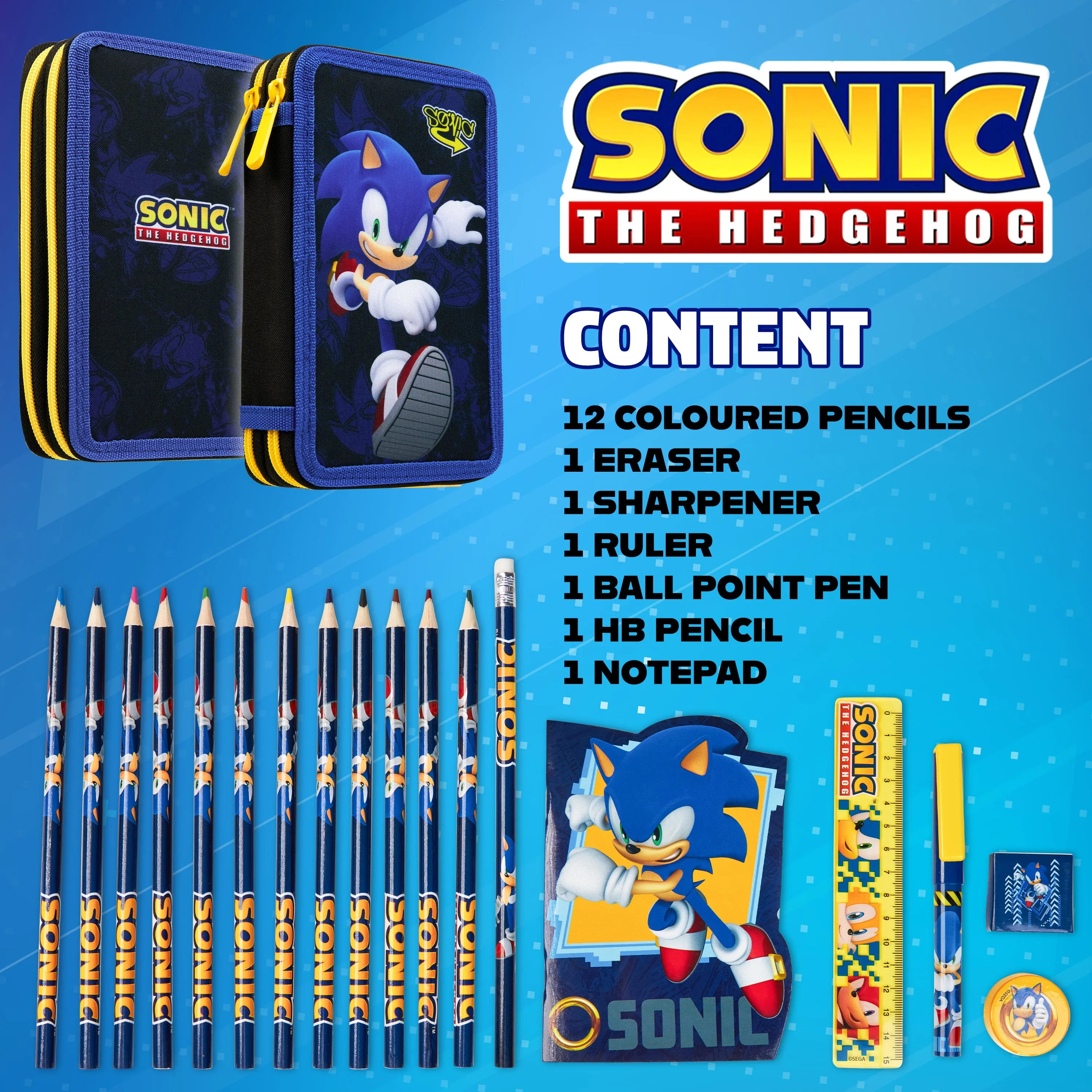 Sonic The Hedgehog Pencil Case with Stationery Included