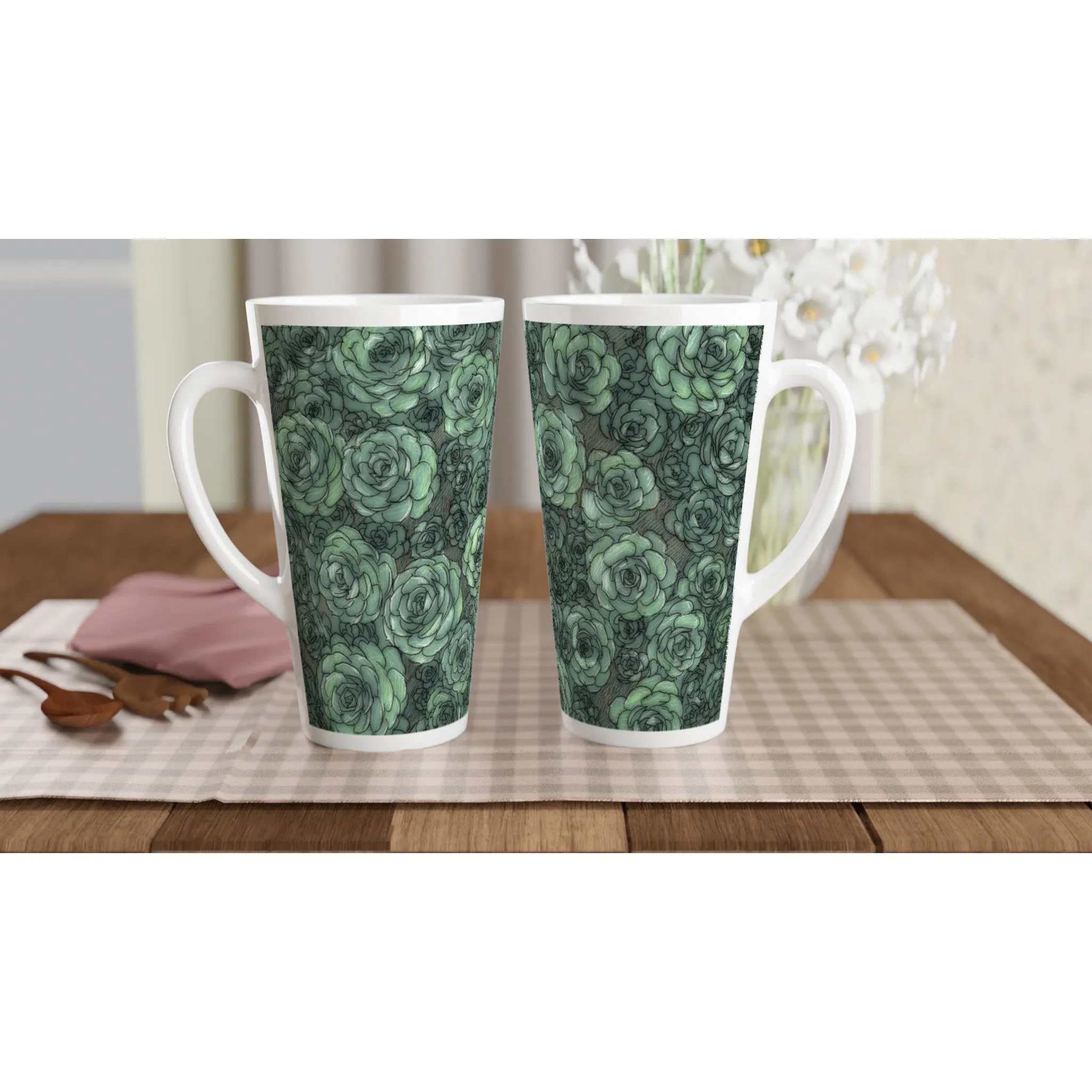 Succulent Pattern White Latte 17oz Ceramic Mug