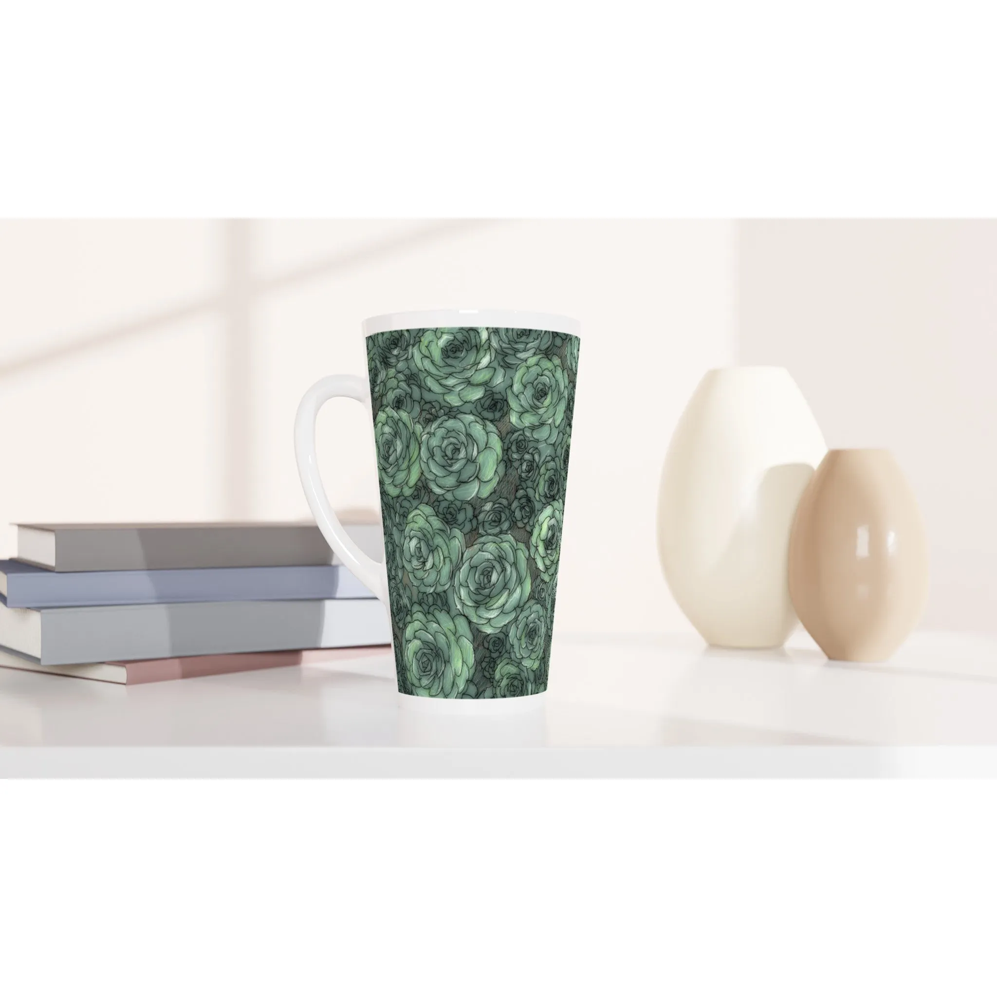 Succulent Pattern White Latte 17oz Ceramic Mug