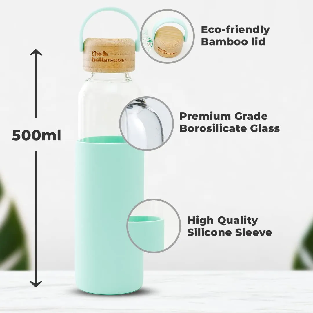 The Better Home Borosilicate Glass Water Bottle with Sleeve (500ml) | Non Slip Silicon Sleeve & Bamboo Lid | Fridge Water Bottles for Men, Women & Kids | Water Bottles for Fridge | Green (Pack of 3)