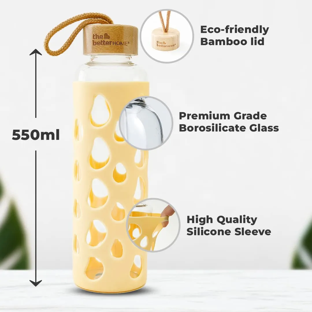 The Better Home Borosilicate Glass Water Bottle with Sleeve 550ml | Non Slip Silicon Sleeve & Bamboo Lid | Fridge Water Bottle For Home & Office (Yellow, Pack of 1)