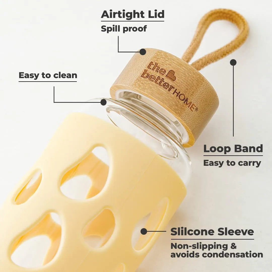 The Better Home Borosilicate Glass Water Bottle with Sleeve 550ml | Non Slip Silicon Sleeve & Bamboo Lid | Fridge Water Bottle For Home & Office (Yellow, Pack of 1)