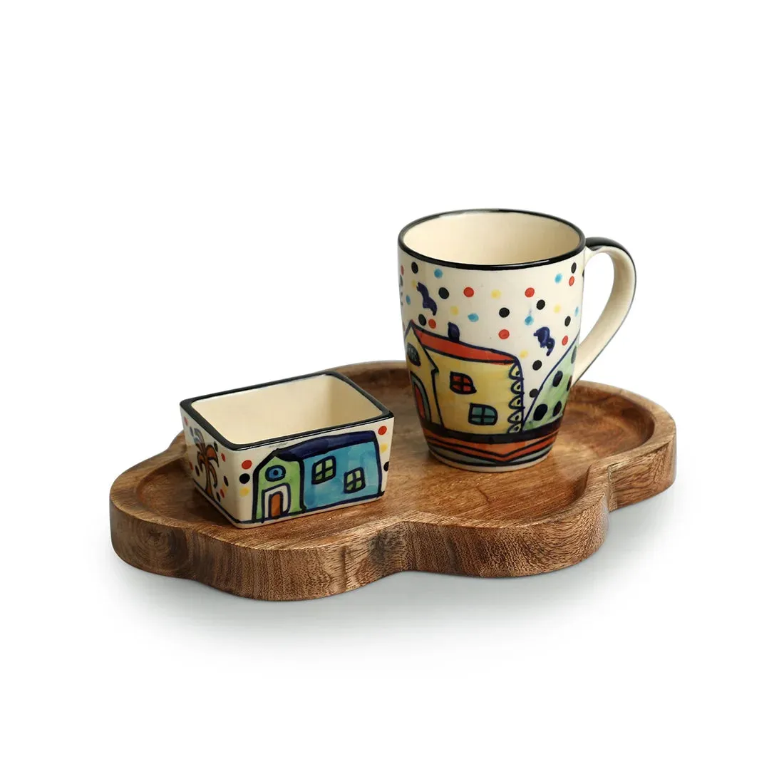 'The Hut' Ceramic Tea & Coffee Mug With Nut Bowl & Wooden Tray (270 ml & 80 ml, Hand-Painted)