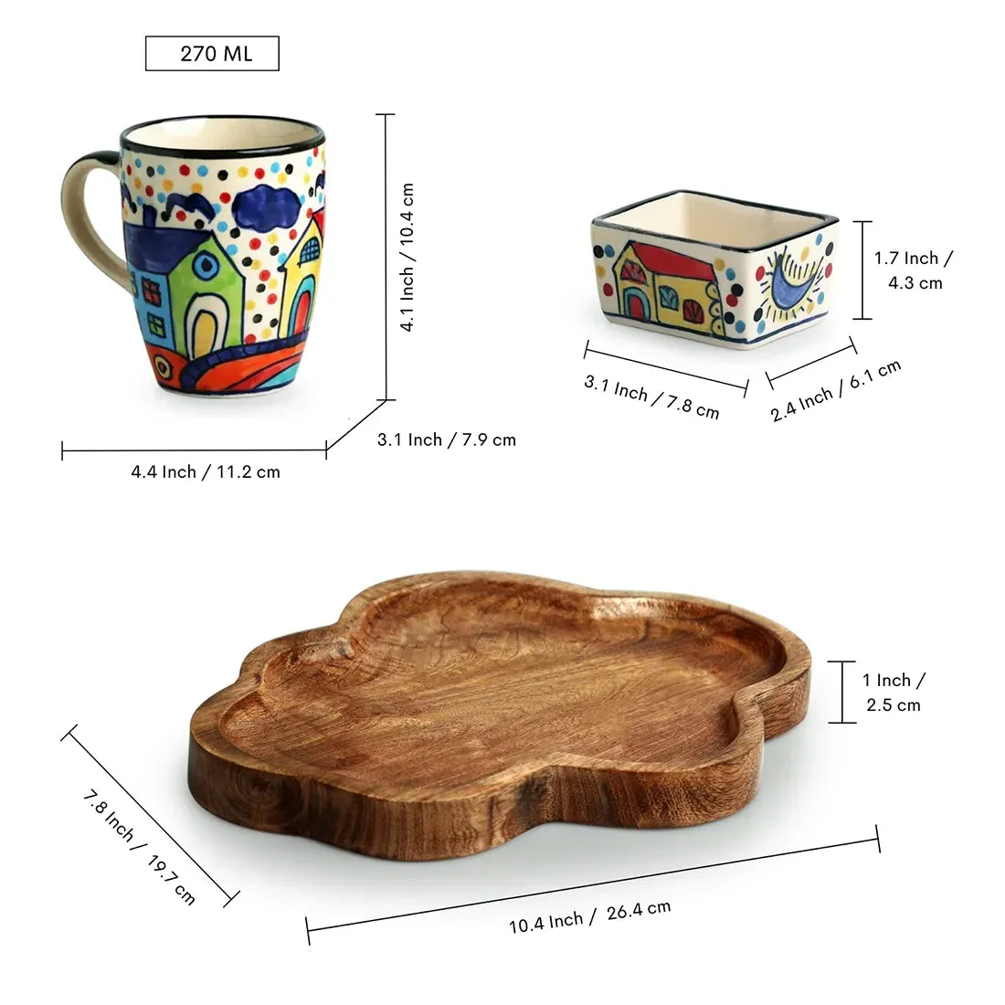 'The Hut' Ceramic Tea & Coffee Mug With Nut Bowl & Wooden Tray (270 ml & 80 ml, Hand-Painted)