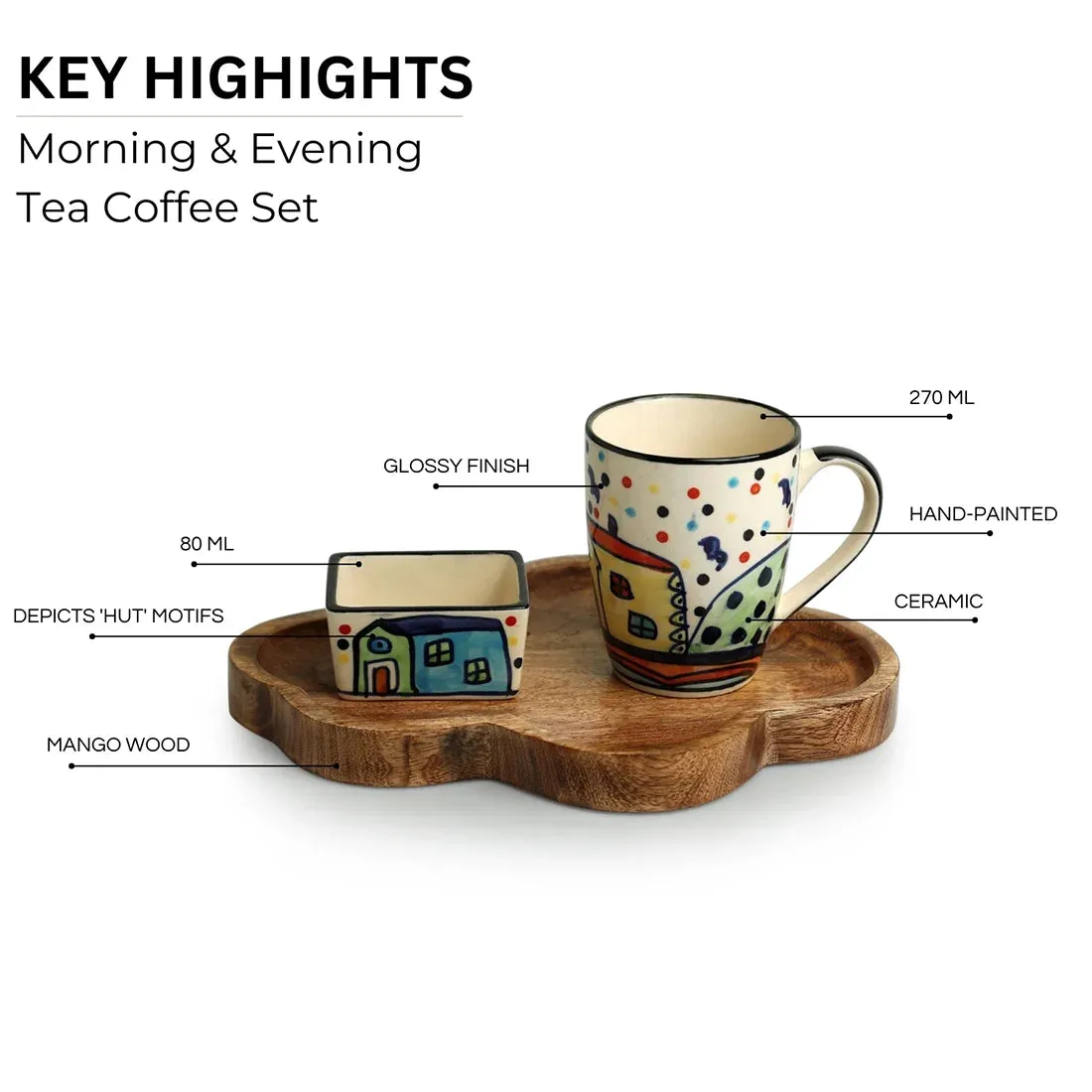 'The Hut' Ceramic Tea & Coffee Mug With Nut Bowl & Wooden Tray (270 ml & 80 ml, Hand-Painted)