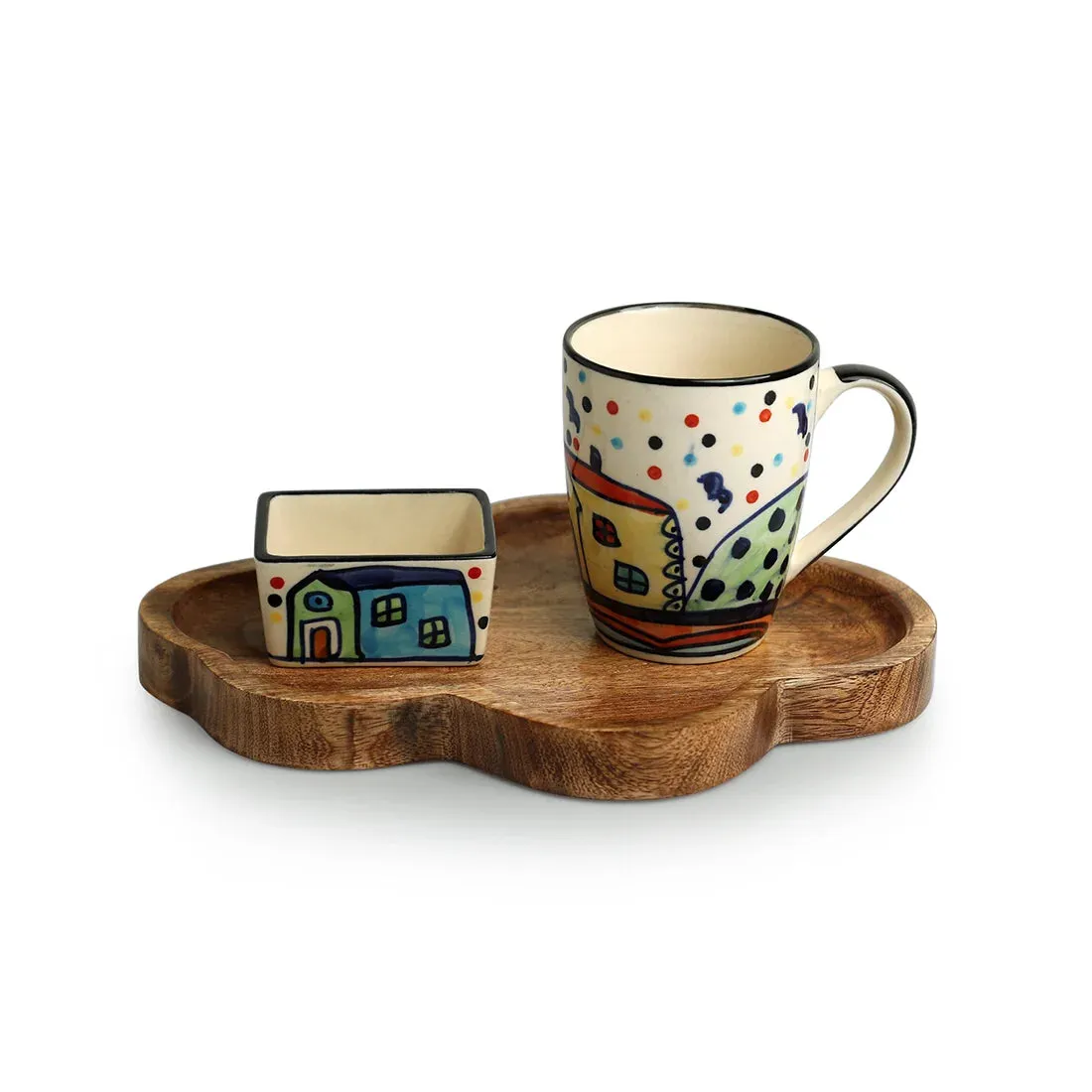 'The Hut' Ceramic Tea & Coffee Mug With Nut Bowl & Wooden Tray (270 ml & 80 ml, Hand-Painted)