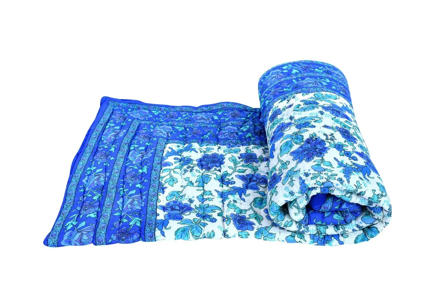 THROW KING Jaipuri Pure Cotton Garden Flower Print Single Bed Razai, Rajasthani Quilt, Reversibal Multi Green Rajai (Size 55x85 inch) (Blue-Garden Flower)