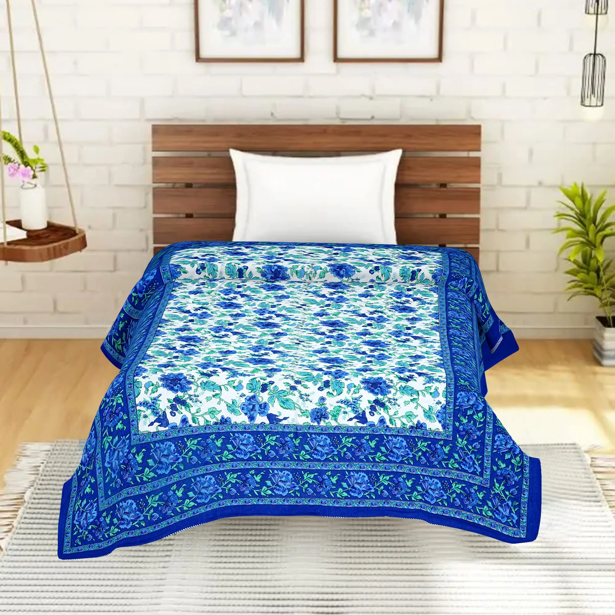 THROW KING Jaipuri Pure Cotton Garden Flower Print Single Bed Razai, Rajasthani Quilt, Reversibal Multi Green Rajai (Size 55x85 inch) (Blue-Garden Flower)