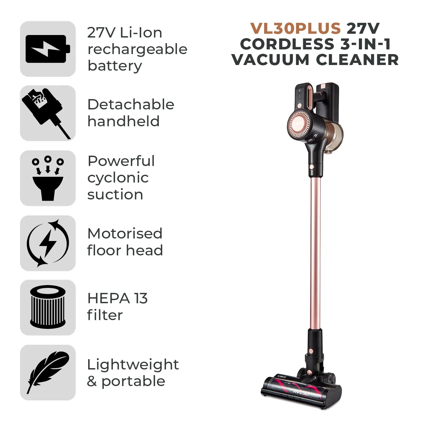 Tower VL30 Plus 22.2V Cordless 3-IN-1 DC Vacuum Cleaner - Rose Gold