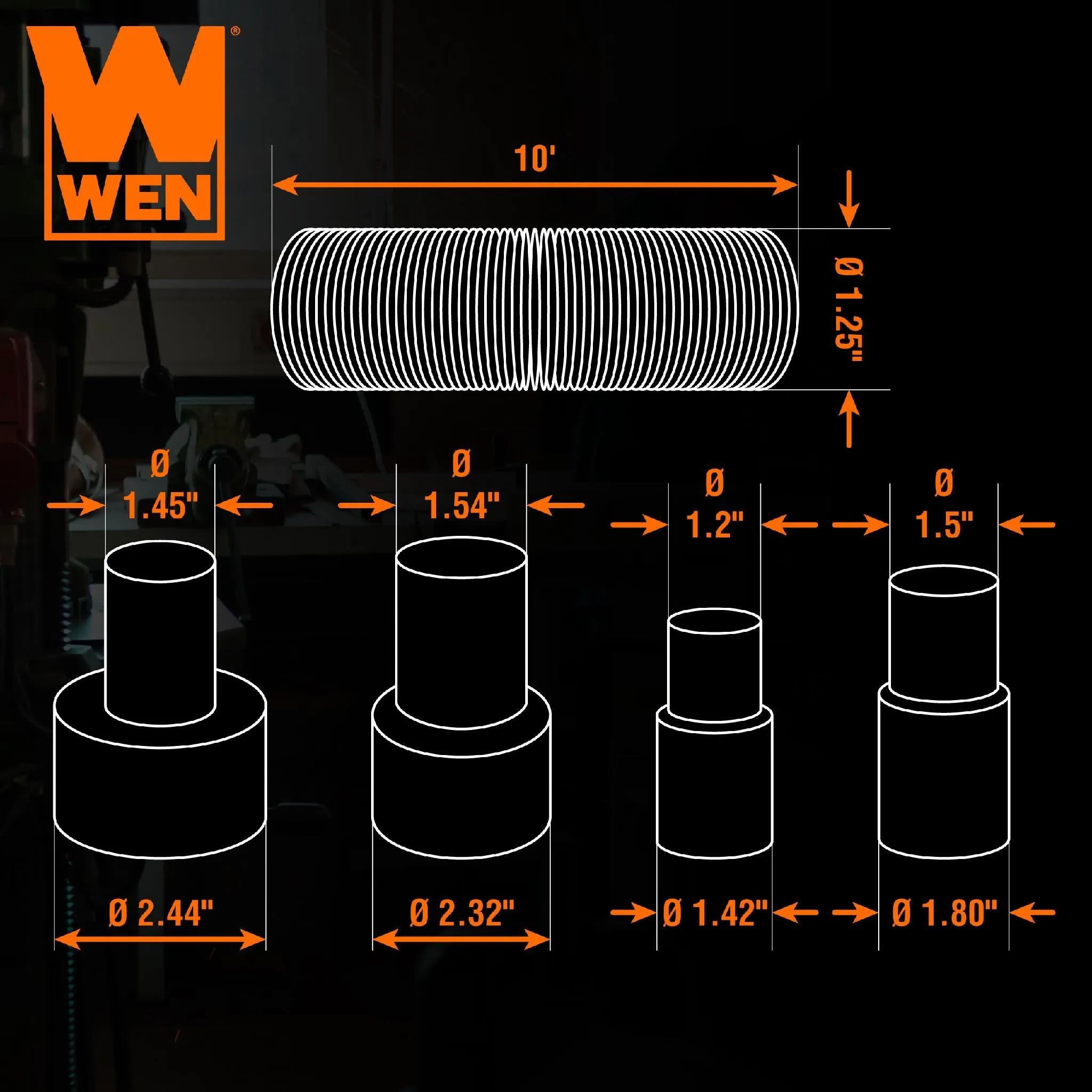 WEN DCA020 1.25-Inch by 10-Foot Dust Hose Kit with Fittings and Reducers