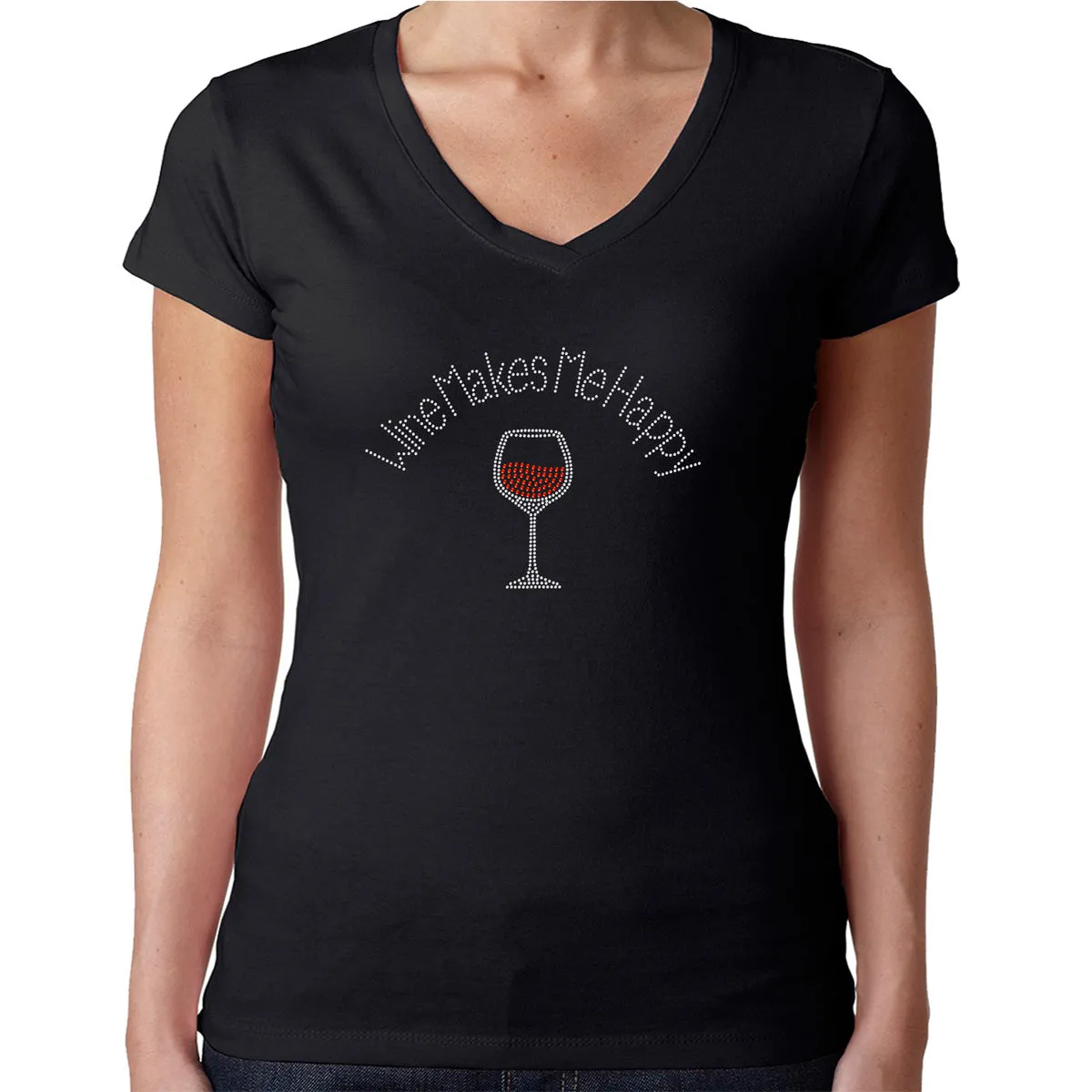 Womens T-Shirt Rhinestone Bling Black Fitted Tee Wine Makes Me Happy Red